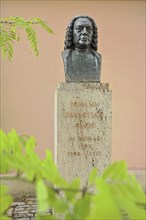 Johann Sebastian Bach monument with bust, inscription, bronze, pedestal, Platz der Demokratie,