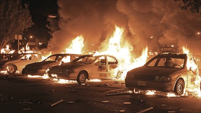 Multiple cars intensely burning in a row during the night, illuminating the surroundings in flames,