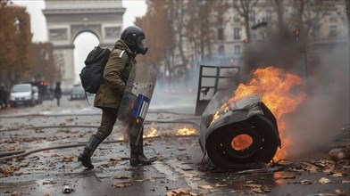 A person in riot gear walking past a burning object in a street near the Arc de Triomphe, AI