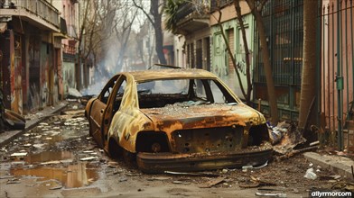 A deserted and burnt-out car on a littered urban street with surrounding debris, AI generated