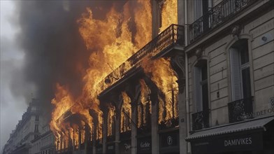 A large fire engulfing the facade of a city building, emitting thick smoke, AI generated