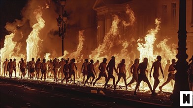 Group of people walking past towering flames at night, creating a dramatic scene of chaos, AI