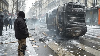 Crowded city street with a charred truck and scattered debris amid a tense protest environment, AI