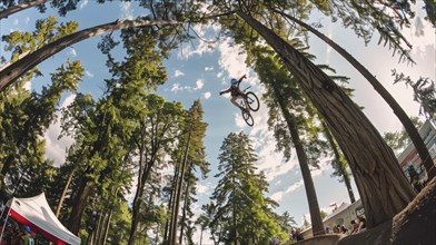 Mountain biker performing a high jump amidst tall trees in a forest on a bright day, AI generated