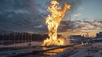 Massive fire and explosion at an industrial site during the twilight hours, creating a dramatic