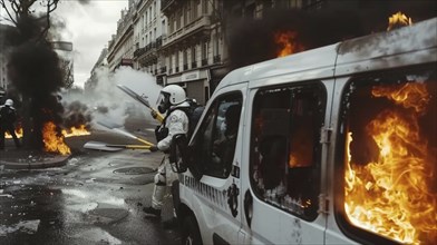 Riot police near a burning van in a chaotic urban scene with smoke and flames, AI generated