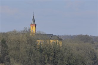 View of orange St Peter's Church in the bare forest on the hill, Diez, Hesse, Germany, Europe