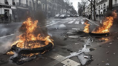 Burning tires set ablaze on an urban street during a chaotic protest, AI generated