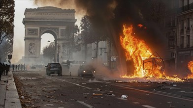 Chaotic urban scene with fire and smoke near the Arc de Triomphe, damaged cars on the street, AI