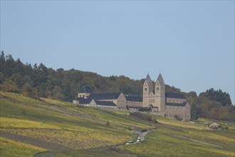 Neo-Romanesque UNESCO St Hildegard Abbey with vineyards, Eibingen, Rüdesheim, Rheingau, Taunus,