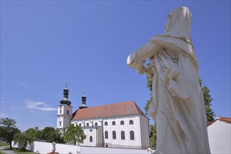 View of baroque basilica from Calvary, blur, sculpture, Frauenkirchen, Seewinkel, Lake Neusiedl,