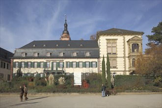 Rose House and church tower of St Peter and Paul, villa, people, Rhine promenade, Montrichard