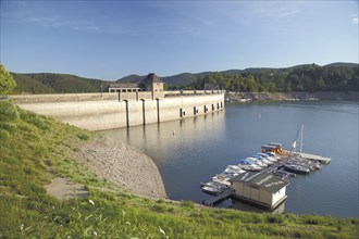 Eder dam with marina and boats, low water, dam wall, shore, landscape, Edersee, Hesse, Germany,