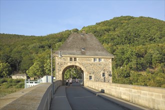 Eder Dam with dam wall and gatehouse, dam, Edersee, Hesse, Germany, Europe