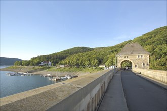 Eder dam with dam wall, gatehouse and Edersee, marina with boats, shore, landscape, dam, Edersee,