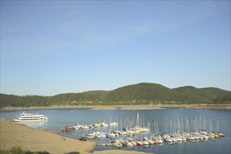 View of landing stage, jetty, boats, marina, passenger ship, landscape, low water, Waldeck-West,