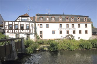 Castle mill and weir on the Mümling stream, Erbach, Odenwald, Hesse, Germany, Europe