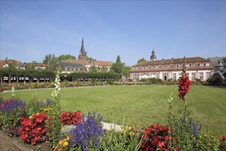 Pleasure garden with flower-bed and baroque orangery and tower of the castle, flower bed, Erbach,