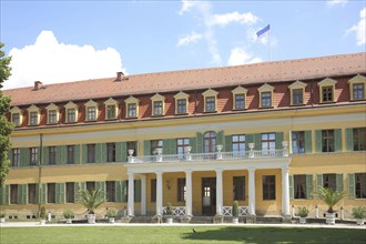 Classicist castle with arcade and shutters, yellow, green, Sondershausen, Thuringia, Germany,