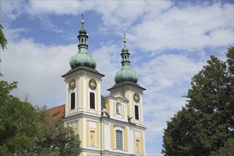 Towers of baroque St. Johann Church, twin towers, Donaueschingen, Southern Black Forest, Black