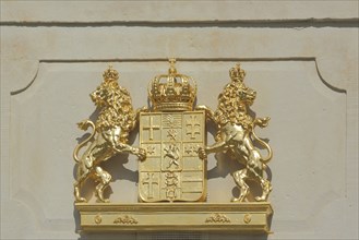 Two golden lion figures with coat of arms and crown, shiny, symmetrical, golden, detail, Schloss