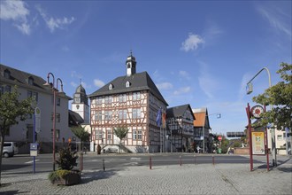 Castle square with town hall and Laurentius church, half-timbered house, Usingen, Taunus, Hesse,