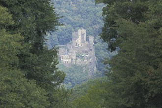 View down from the UNESCO Osteinsche Park magic cave to Rheinstein Castle on the Rhine,