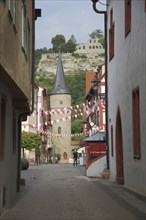 Maingasse with view of Main Gate and Karlsburg Castle, City Tower, Karlstadt, Lower Franconia,