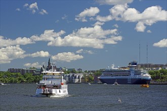 A passenger ferry sailing on a sea inlet with a city panorama in the background on a bright summer