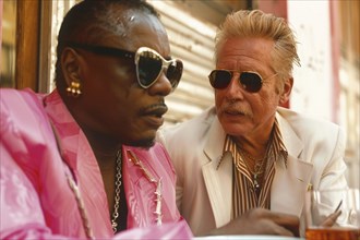 Casual chat between two elderly men in pink and white suits at an urban cafe with a vibrant