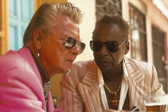 Two elderly men wearing stylish suits and sunglasses have an intense conversation over drinks at a