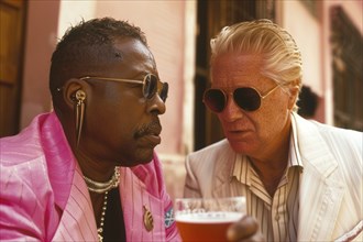 Two elderly men in contrasting suits share a conversation over a drink at an urban cafe, showcasing