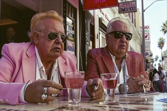 Two elderly men in sunglasses and pink suits sit at an outdoor cafe table with drinks, engaged in