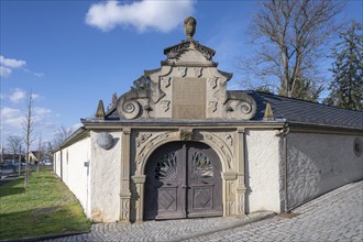 Entrance portal of the heritage-protected cemetery, exists since 1618, Mainbernheim, Lower