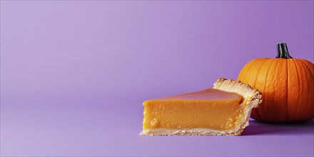 Banner with slice of pumpkin pie with orange pumpkin on purple violet background with copy space.