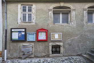 Information boxes on a vacant former inn from 1823, Herrenstr. 35, Mainbernheim, Lower Franconia,