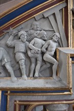 Relief on the pulpit of the two thieves on the way to the crucifixion, Heilig-Kreuz-Münster,