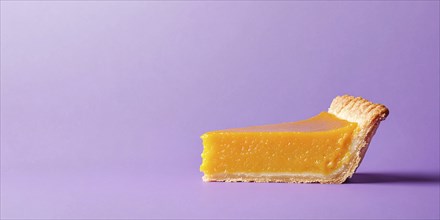 Banner with single slice of pumpkin pie on pastel violet background with copy space. Generative Ai,