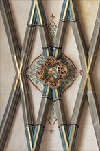 Keystone in the vault of Heilig Kreuz Minster, Rottweil, Baden-Württemberg, Germany, Europe