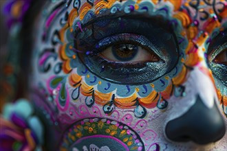 Close up of woman's eye with colorful Halloween Dia de los Muertos costume face paint. Generative