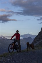 Mountain biker with headlamp, with trail dog in the evening, man with his Vizsla, panoramic trail,