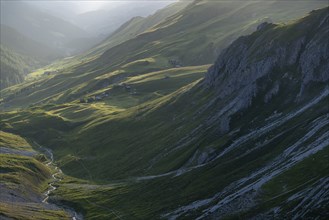 Evening mood in the mountains, view of Sapün from the Strela Pass, Davos, Grisons, Switzerland,