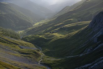 Evening mood in the mountains, view of Sapün from the Strela Pass, Davos, Grisons, Switzerland,