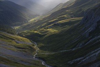 Evening mood in the mountains, view of Sapün from the Strela Pass, Davos, Grisons, Switzerland,