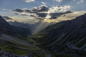 Evening mood in the mountains, view of Sapün from the Strela Pass, Davos, Grisons, Switzerland,