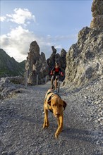 Trail dog and mountain biker in the mountains, Davos, Graubünden, Switzerland, Europe