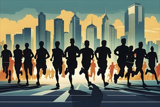 Vintage wallpaper of city marathon runners in a mixed group of men and women, AI generated