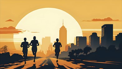 Vintage wallpaper of city marathon runners in a mixed group of men and women, AI generated