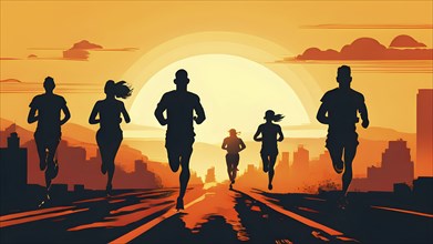 Vintage wallpaper of city marathon runners in a mixed group of men and women, AI generated