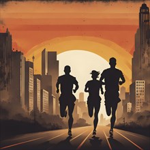 Vintage wallpaper of city marathon runners in a mixed group of men and women, AI generated